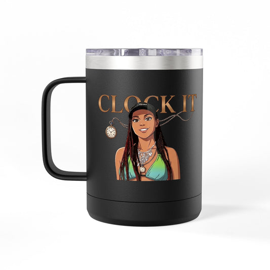 Clock It 15oz Insulated Coffee Tumbler Mug | White | Black