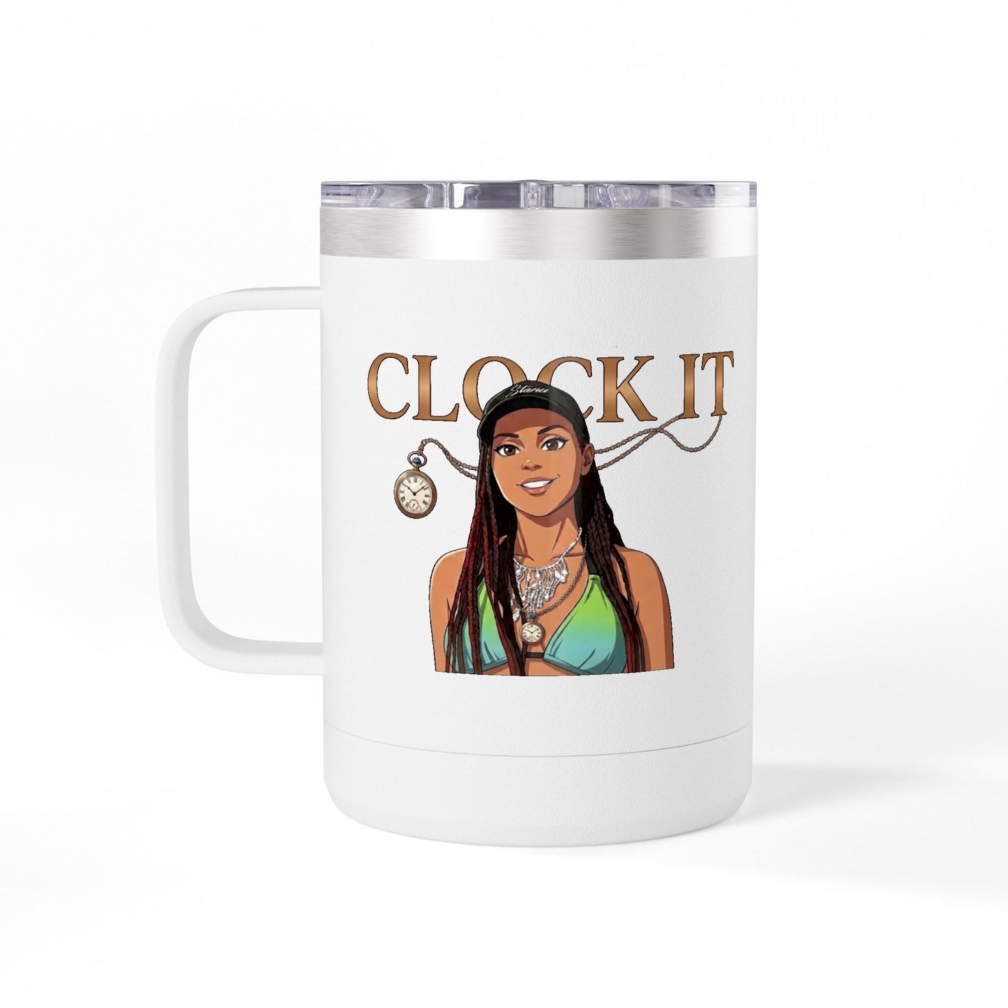 Clock It 15oz Insulated Coffee Tumbler Mug | White | Black
