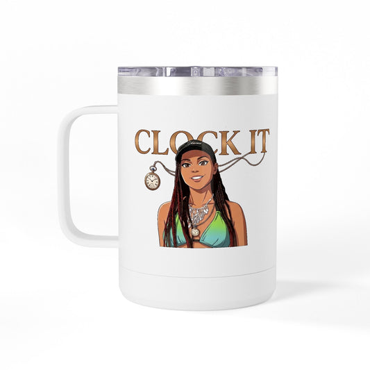 Clock It 15oz Insulated Coffee Tumbler Mug | White | Black
